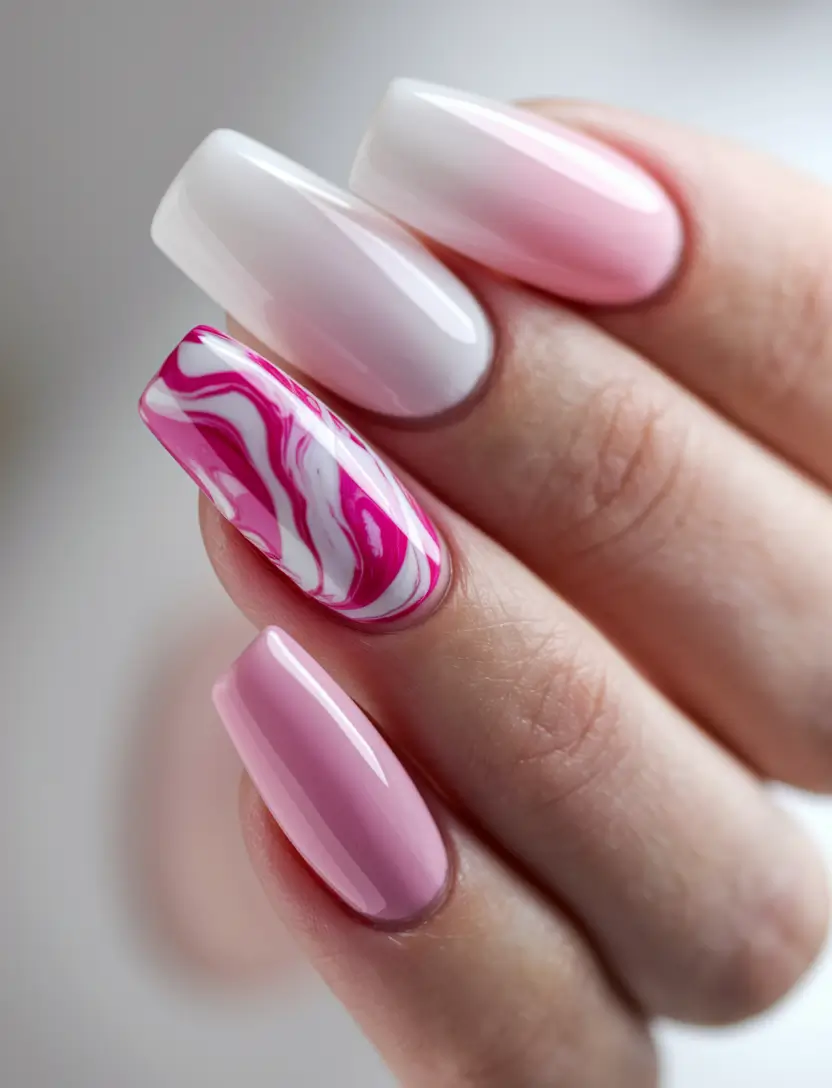 Fall Nail Art 2025 Manicure with 3D Accents Marble-Inspired Pink Swirls