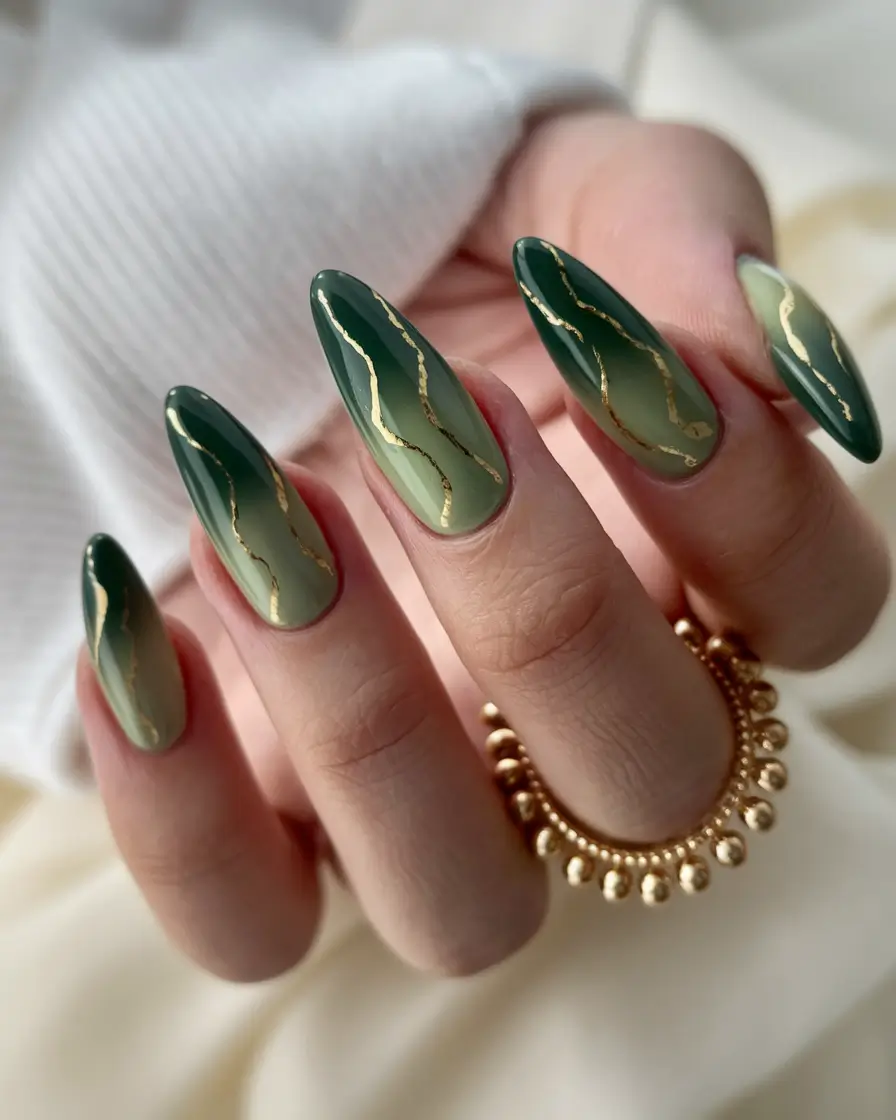 Fall Nail Art 2025 Manicure with 3D Accents Forest Green Marble with Gold Traces