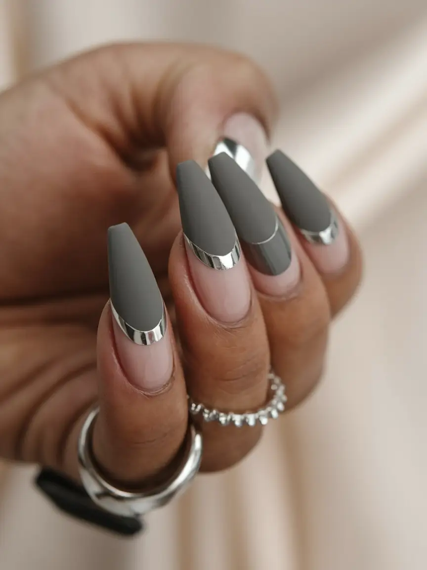 Fall Nail Art 2025 Manicure with 3D Accents Matte Gray Drama with Metallic French Tips