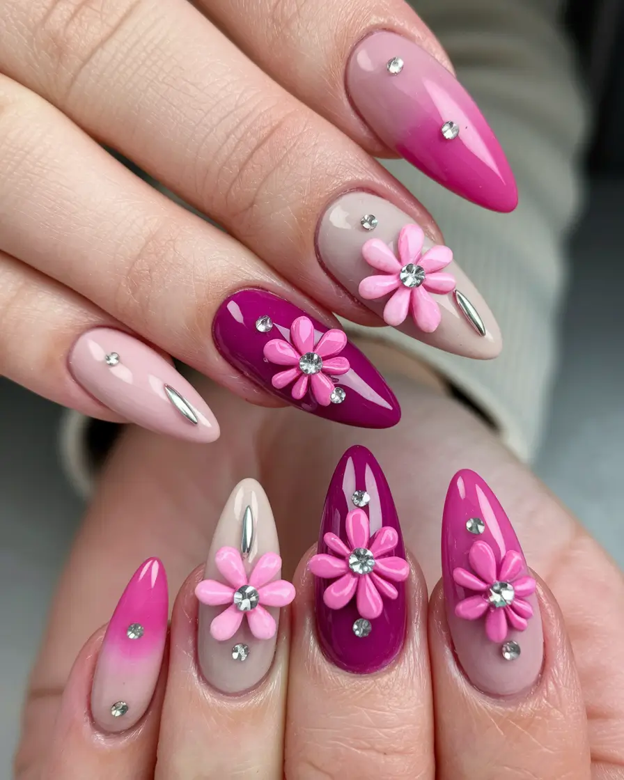 Fall Nail Art 2025 Manicure with 3D Accents Playful Pink Blooms with Rhinestones
