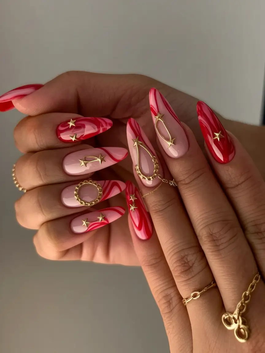 Fall Nail Art 2025 Manicure with 3D Accents Celestial Red Glam with Golden Stars