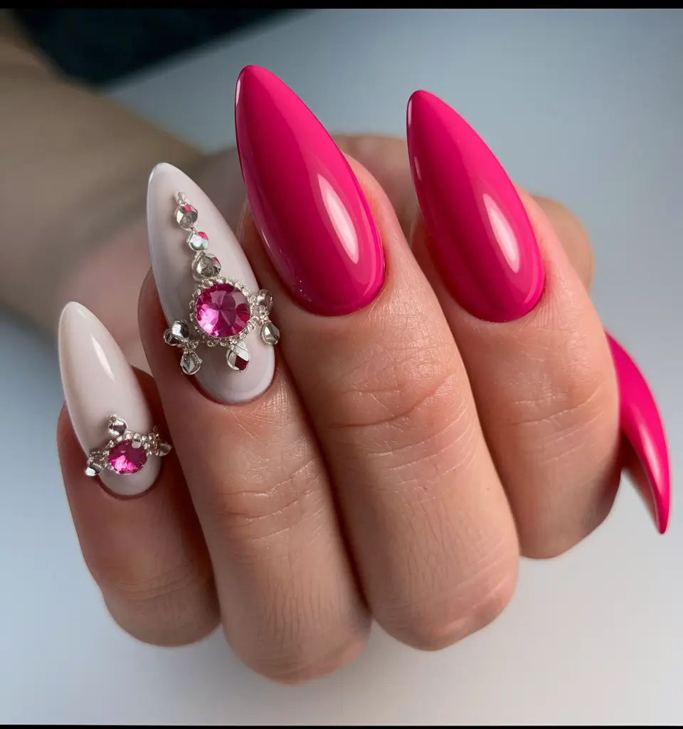 Fall Nail Art 2025 Manicure with 3D Accents Bold Magenta with Jewel 3D Accents