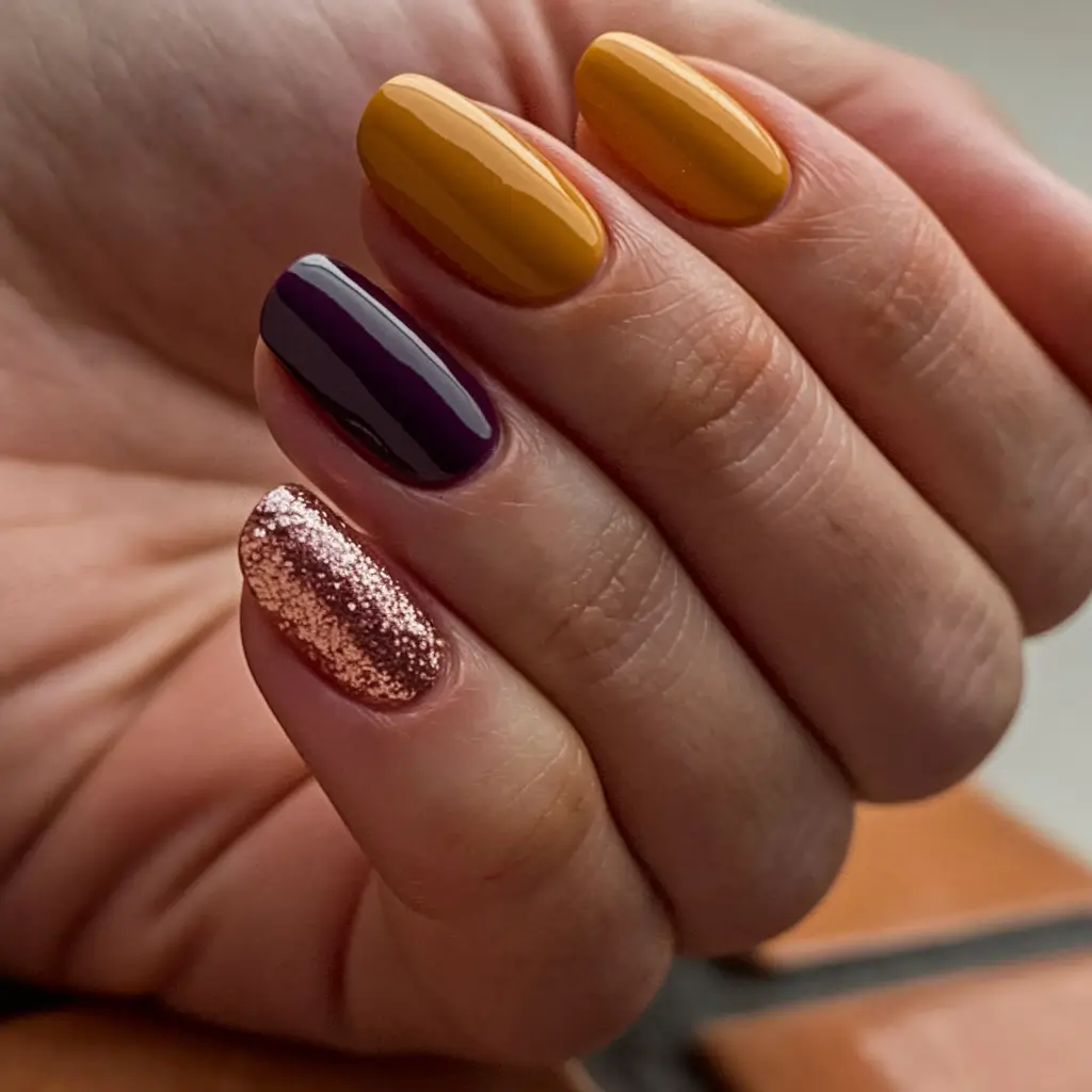 Fall Nail Trends 2025 Mustard and Plum with Sparkle