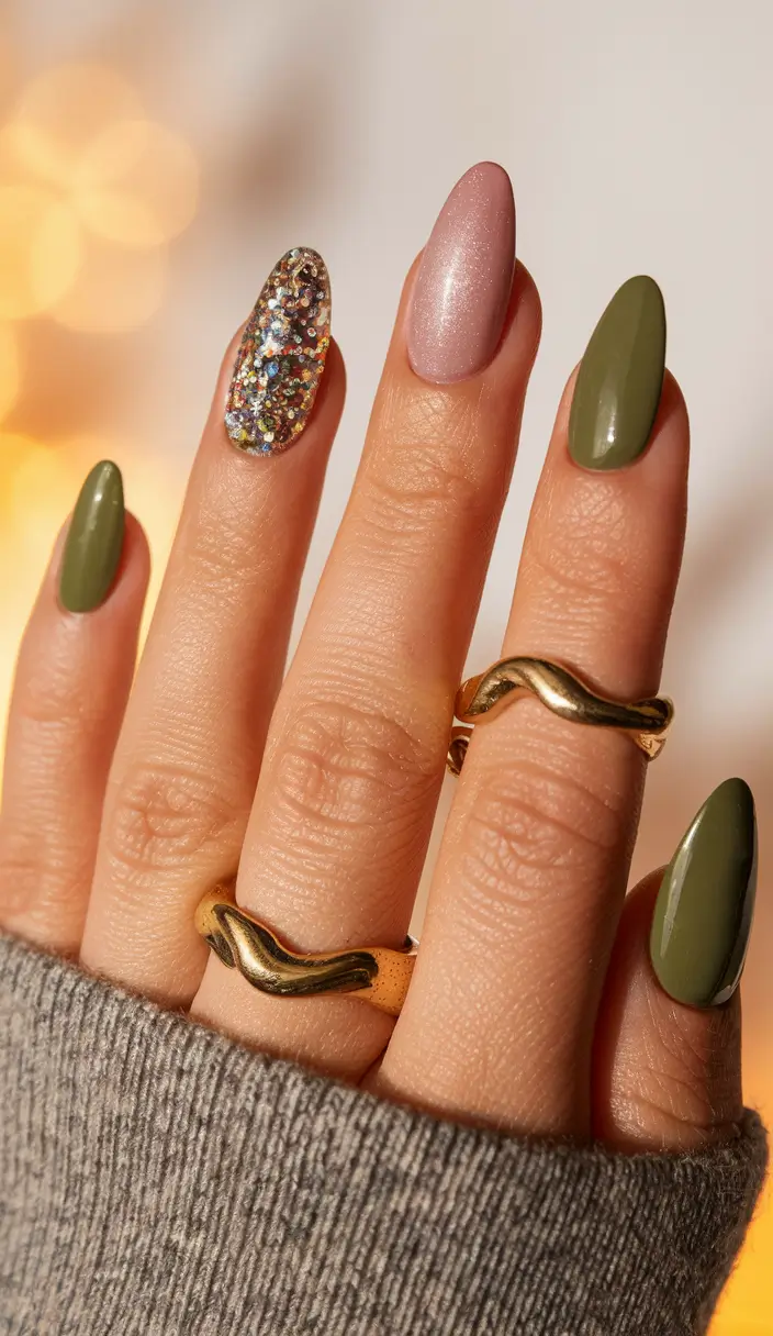 Fall Nail Trends 2025 Olive Green Glam with Glitter