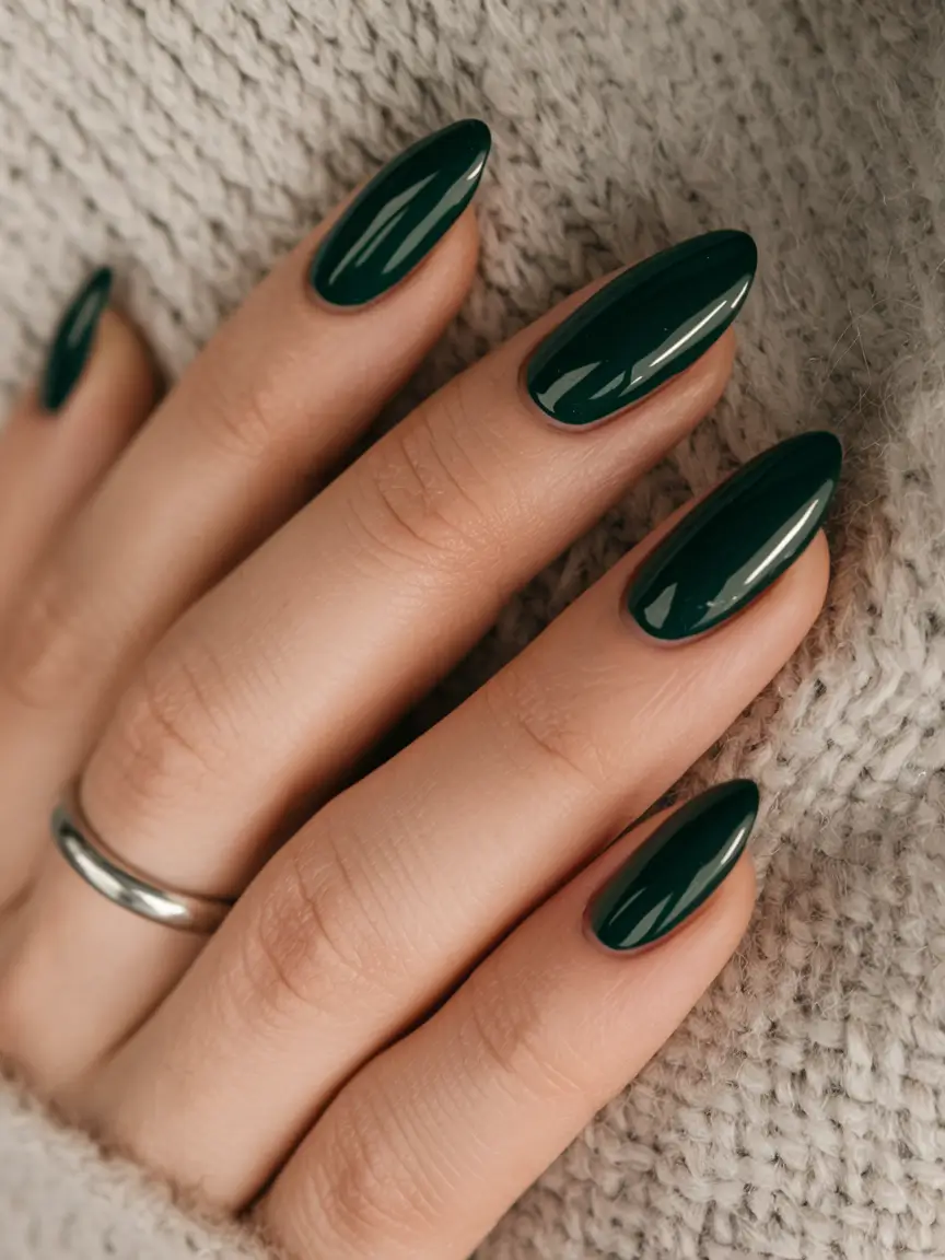 Fall Nail Trends 2025 Evergreen Almond Gloss