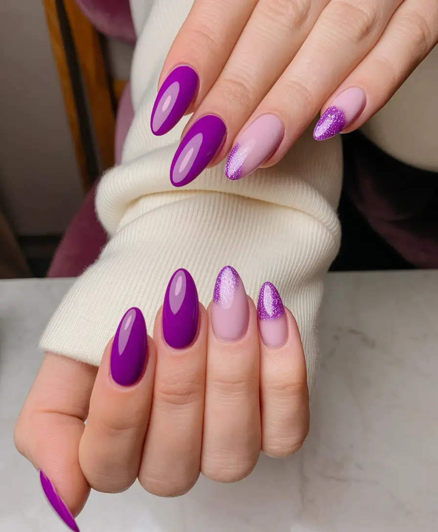 Fall Oval Nails 2025 - Oval Shape Ideas Bright Orchid and Nude with Glitter Accent
