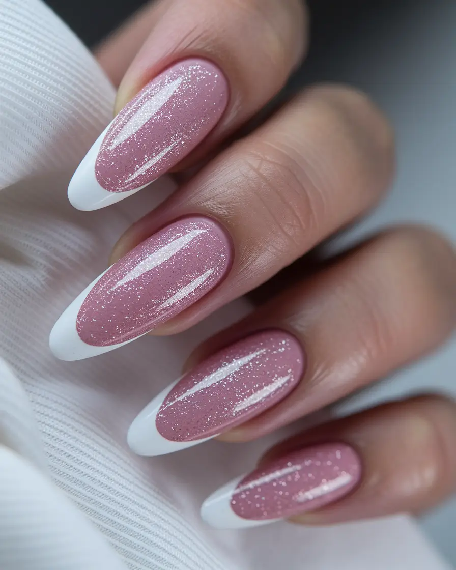Fall Oval Nails 2025 - Oval Shape Ideas Glittery Pink French with a Twist