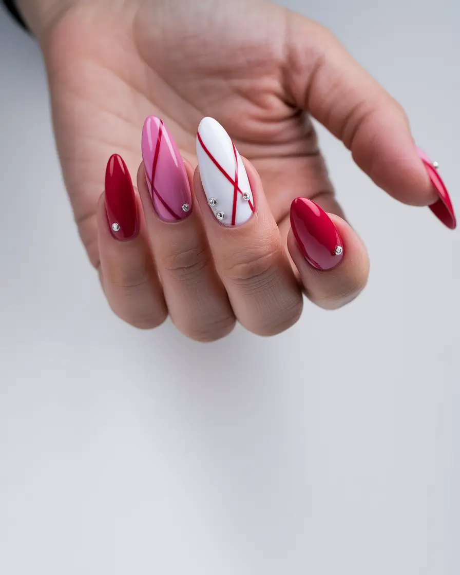 Fall Oval Nails 2025 - Oval Shape Ideas Crimson Lines and Jewels on Red Gradient