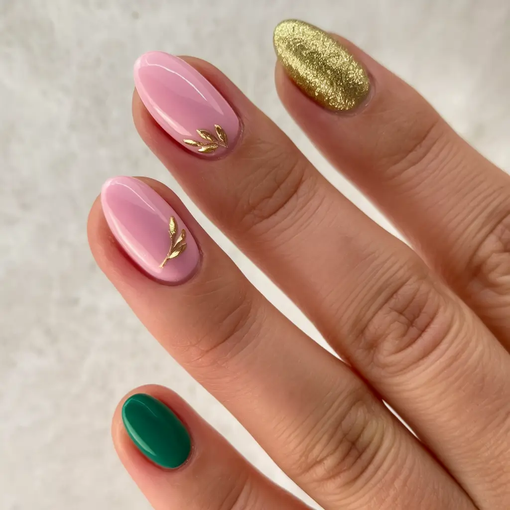 Fall Oval Nails 2025 - Oval Shape Ideas Pink, Gold, and Green in a Luxe Multicolor Combo