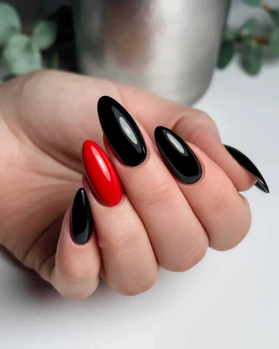 Fall Oval Nails 2025 - Oval Shape Ideas Black and Red High Contrast Classic