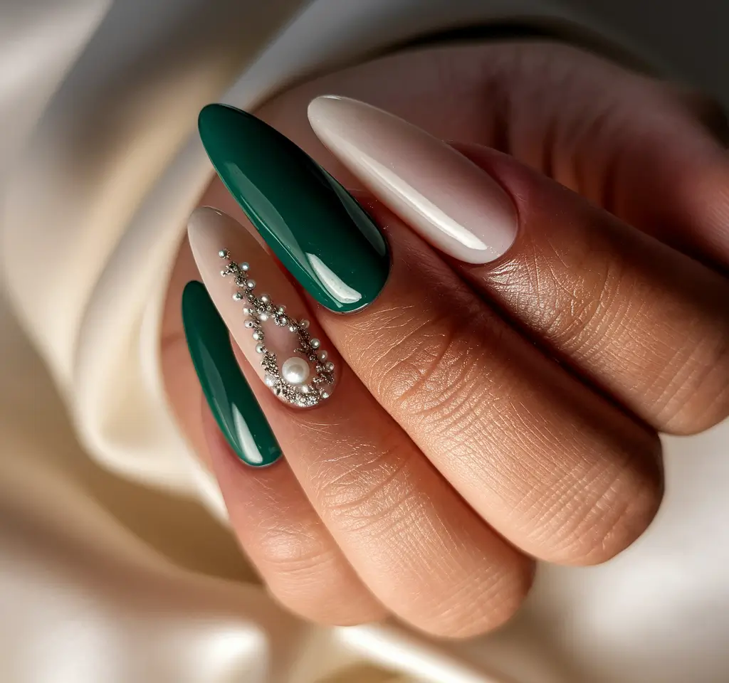 Fall Oval Nails 2025 - Oval Shape Ideas Emerald and Nude with Pearl Crystal Accent