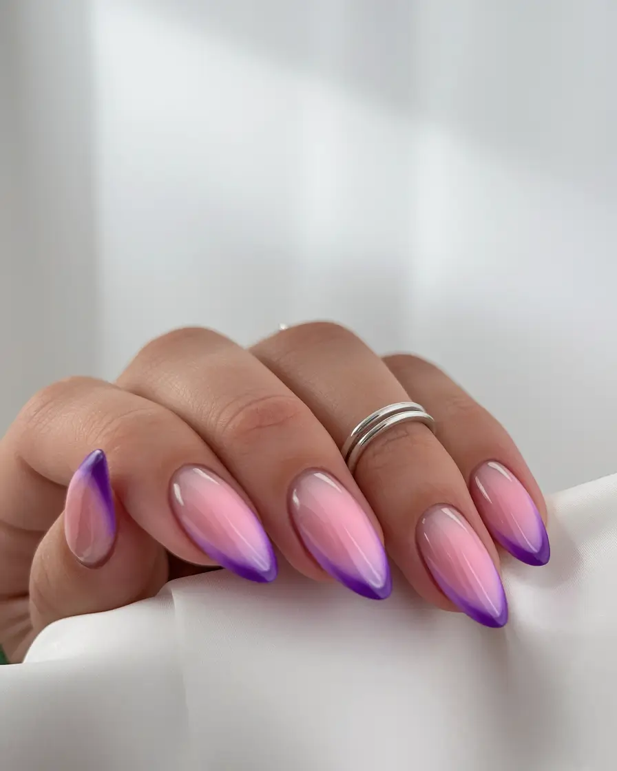 Fall Oval Nails 2025 - Oval Shape Ideas Soft Pink with Violet Ombre Tips