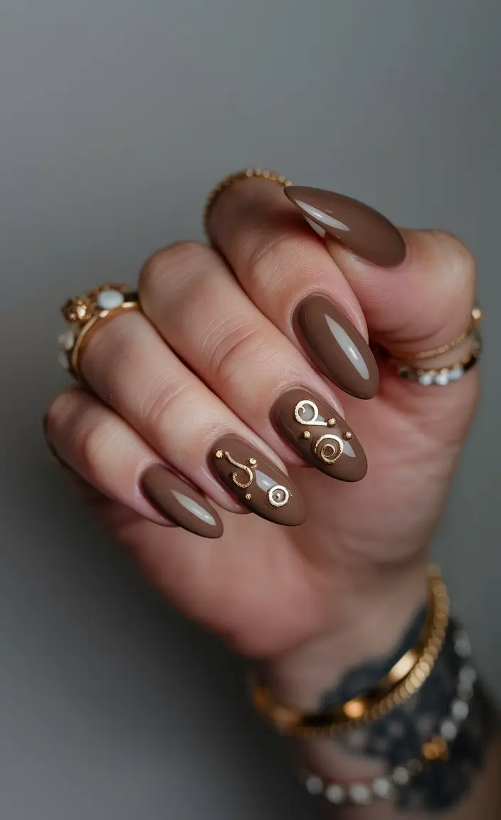 Fall Oval Nails 2025 - Oval Shape Ideas Chocolate Gloss with Golden Abstract Accents