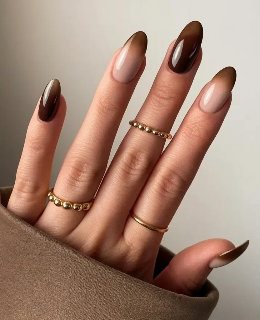 Fall Oval Nails 2025 - Oval Shape Ideas Soft Brown Ombré with Sheer Nude Base