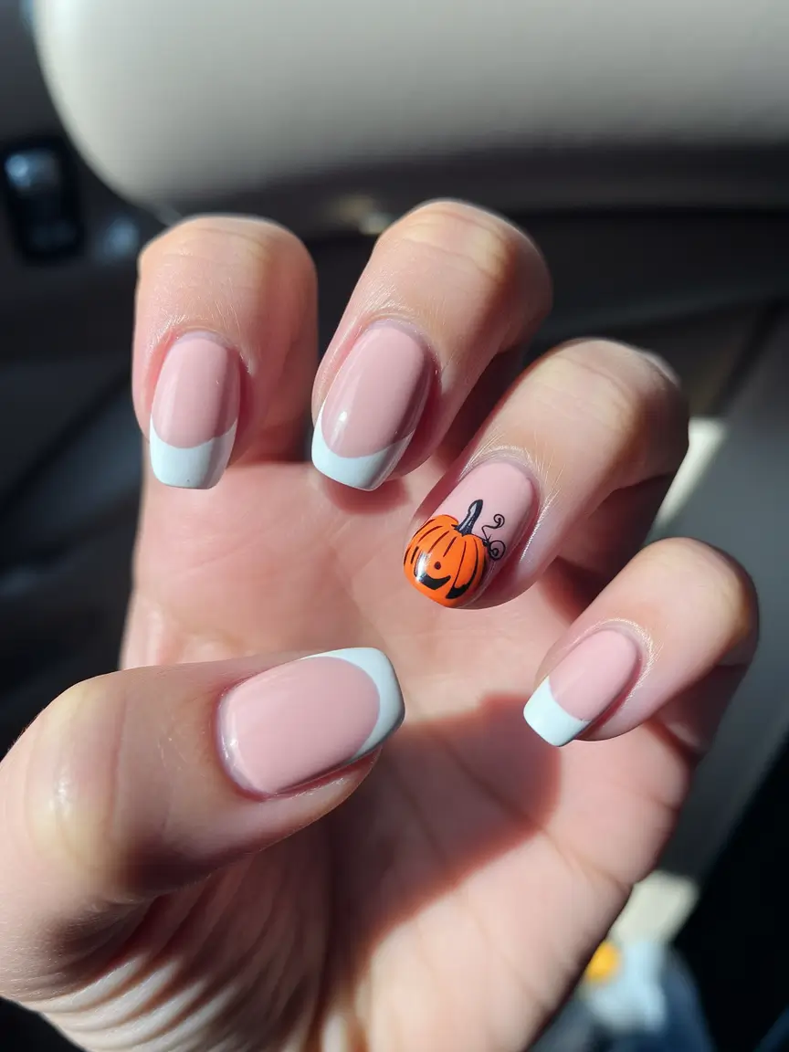 Fall Oval Nails 2025 - Oval Shape Ideas White French with a Pumpkin Pop