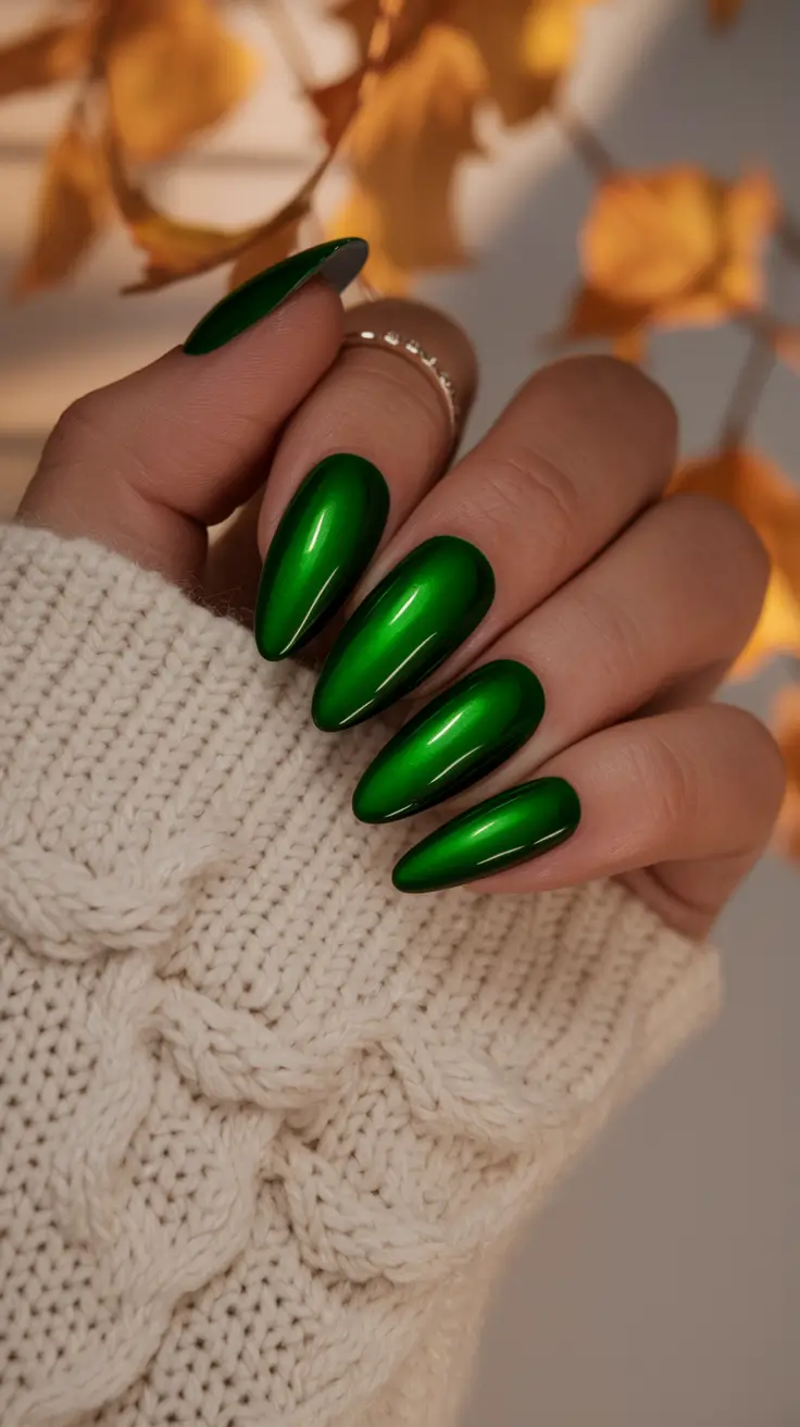Fall Oval Nails 2025 - Oval Shape Ideas Electric Chrome Green Statement