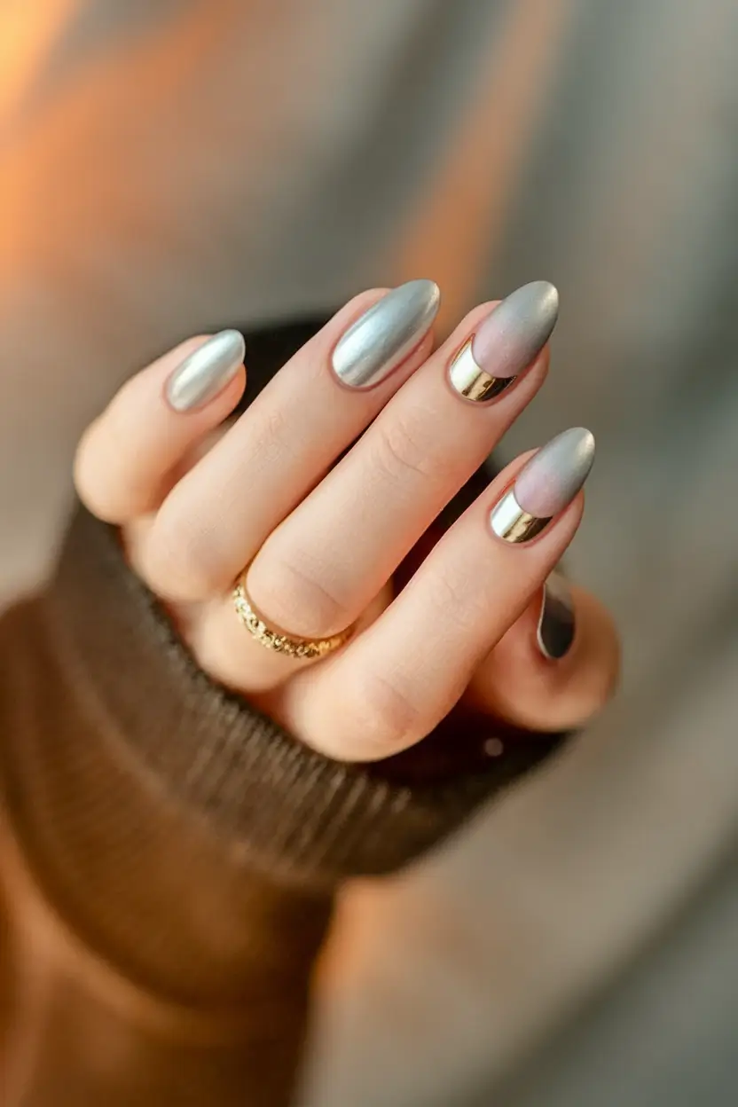 Fall Oval Nails 2025 - Oval Shape Ideas Silver Chrome Meets Gold Moon Detailing