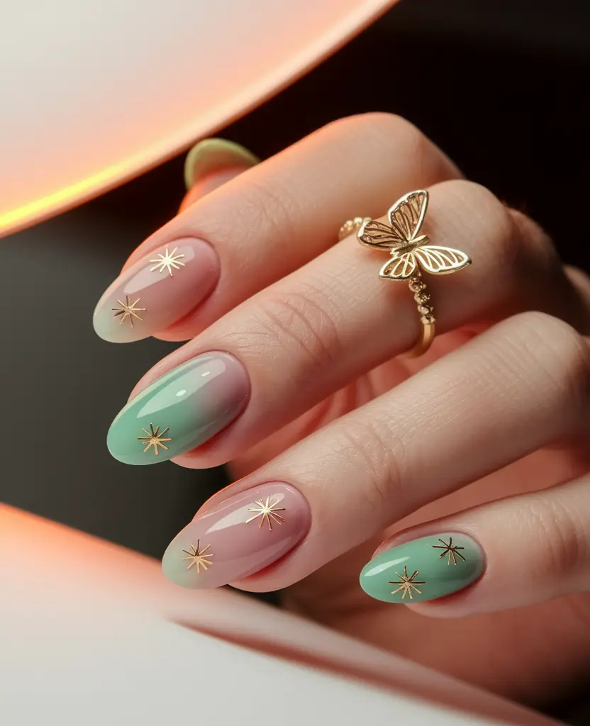 Fall Oval Nails 2025 - Oval Shape Ideas Playful Pastel Ombré with Golden Starbursts