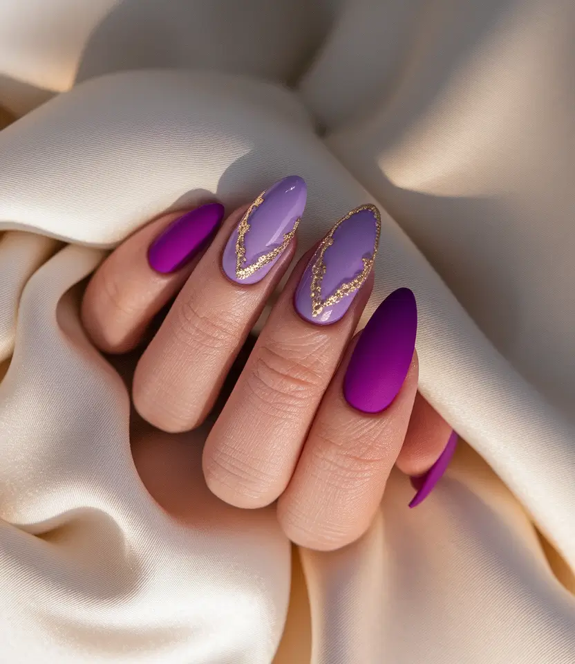 Fall Oval Nails 2025 - Oval Shape Ideas Velvet Purple with Gold Geode Edges