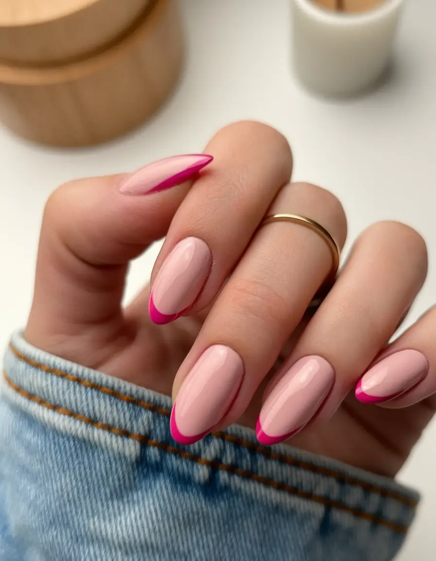 Fall Oval Nails 2025 - Oval Shape Ideas Clean Nude with Neon Pink French Tips
