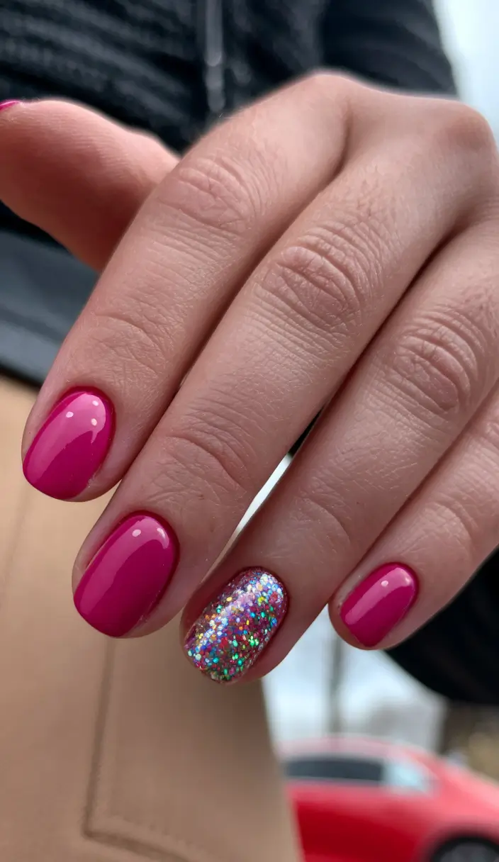 Latest Fall Nail Color Trends 2025 Fuchsia Glam with Sparkle Accent
