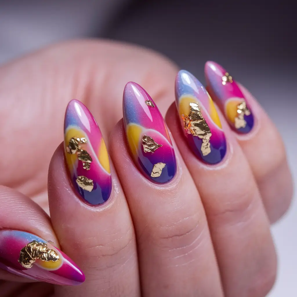 Latest Fall Nail Color Trends 2025 Colorful Abstract with Gold Leaf