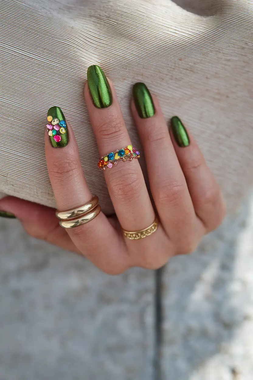 Latest Fall Nail Color Trends 2025 Emerald Chrome with Gem Accents