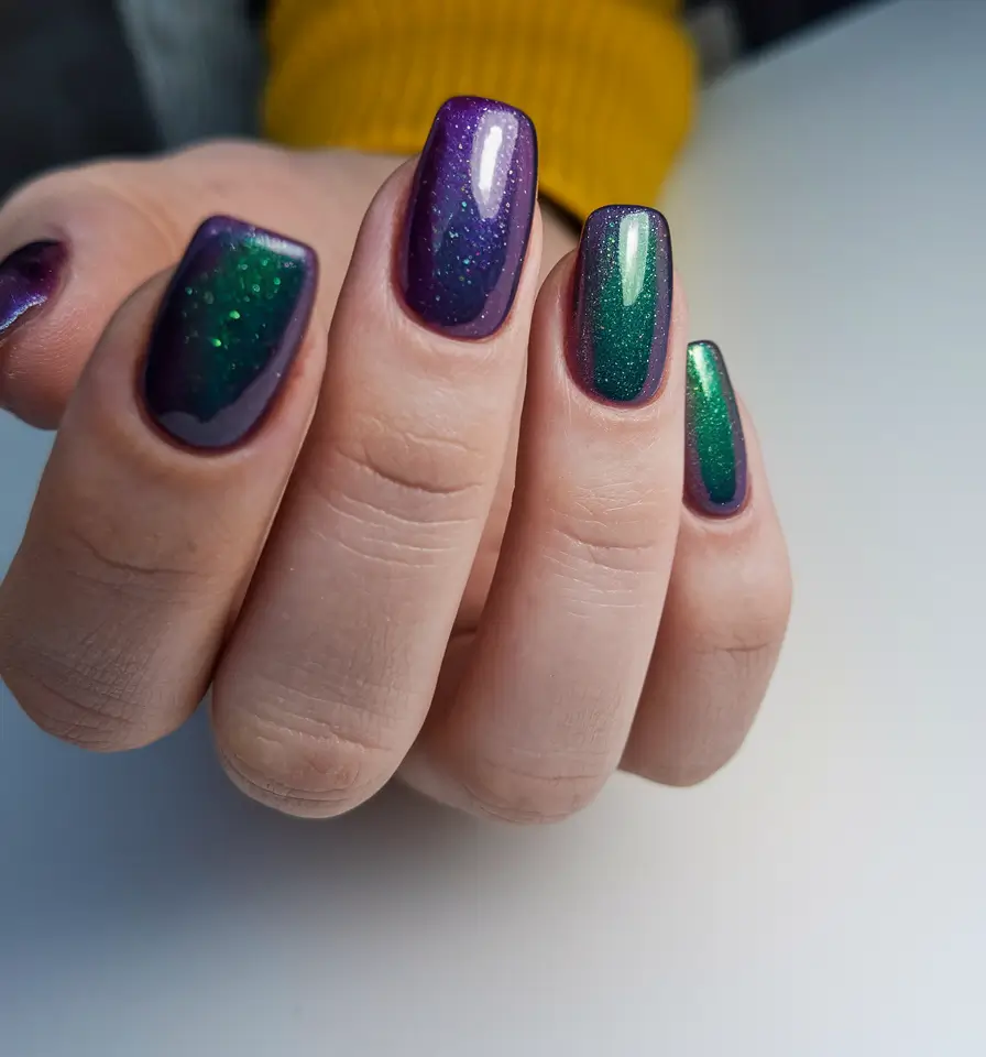 Latest Fall Nail Color Trends 2025 Dark Green and Purple Ombre