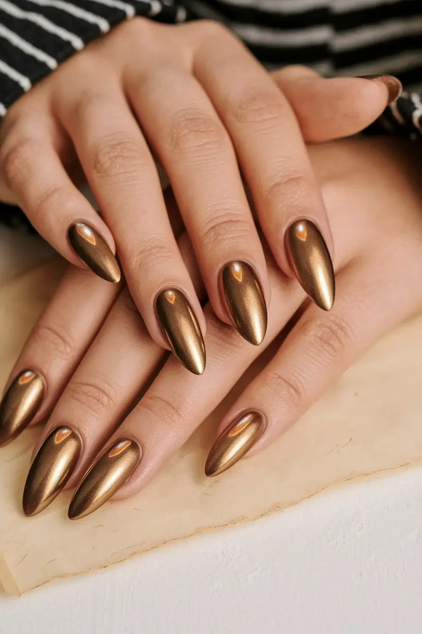 Latest Fall Nail Color Trends 2025 Metallic Bronze Chrome