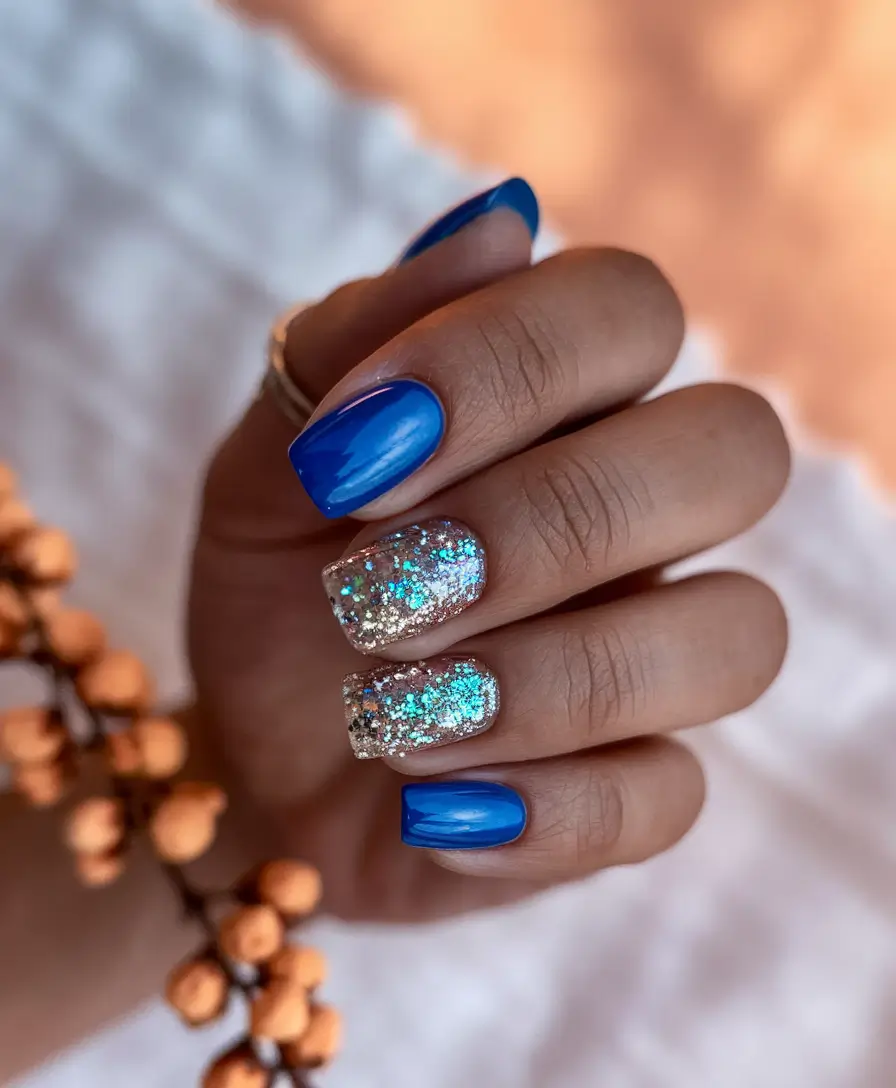 Latest Fall Nail Color Trends 2025 Blue and Glitter Short Square