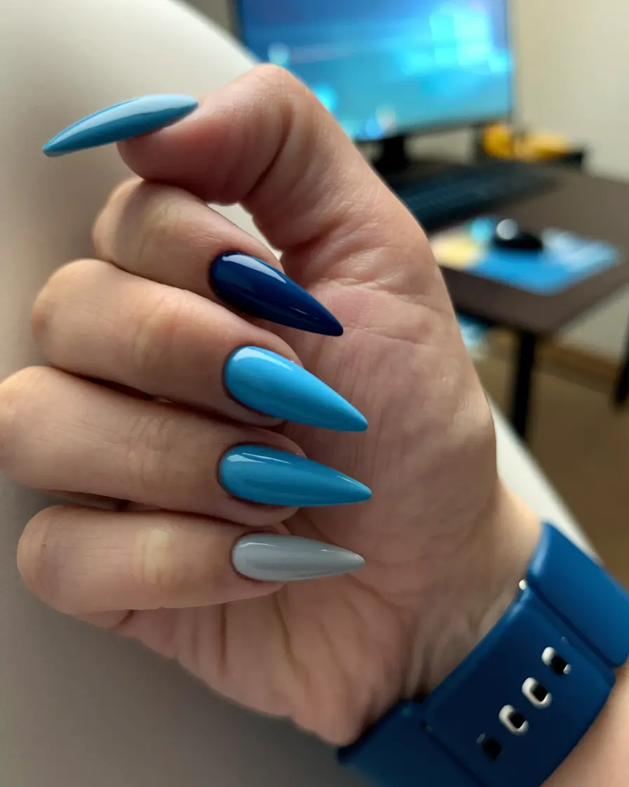 Long fall nails ideas 2025 Gradient Blues Almond Nails