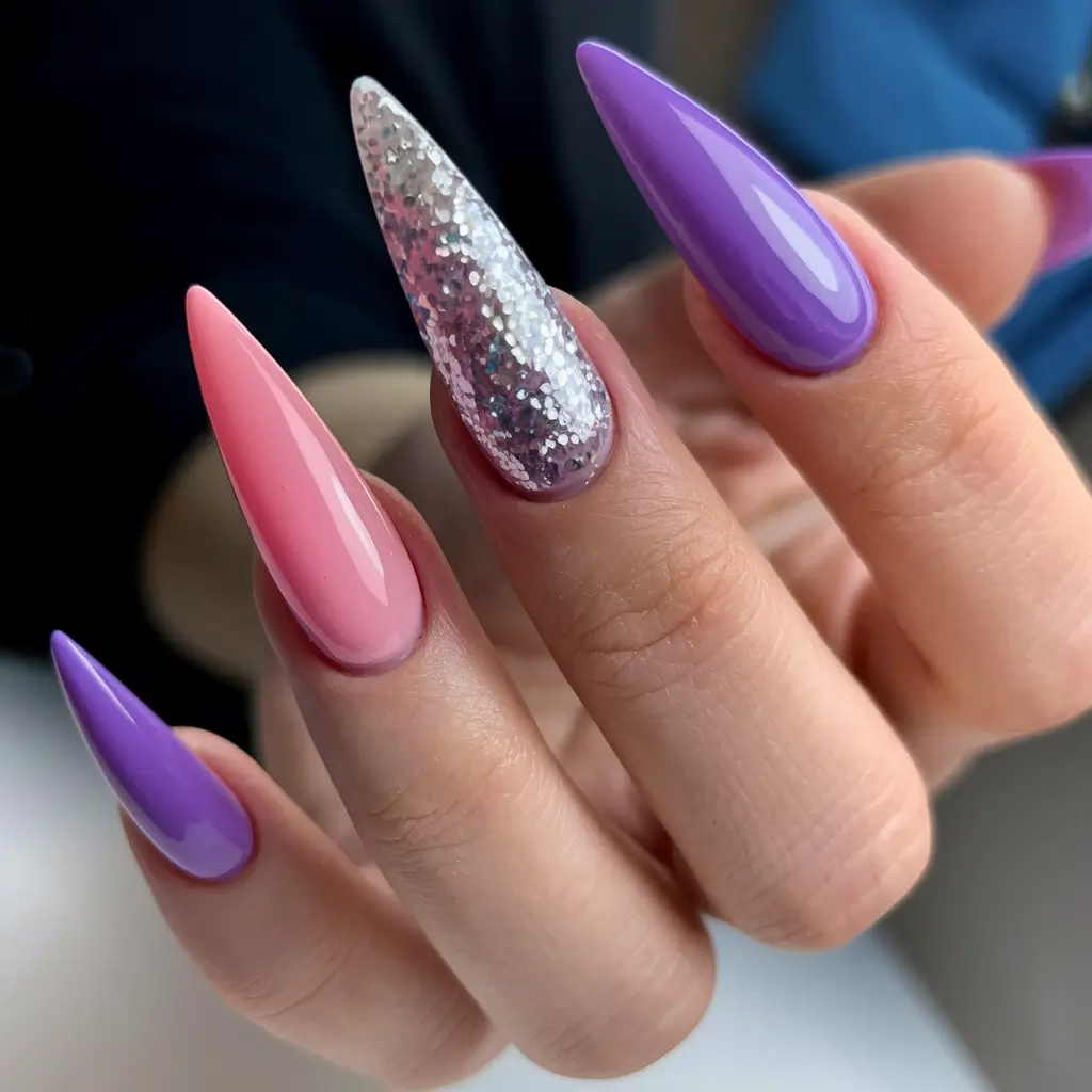 Long fall nails ideas 2025 Pink, Purple, and Glitter Stiletto Nails