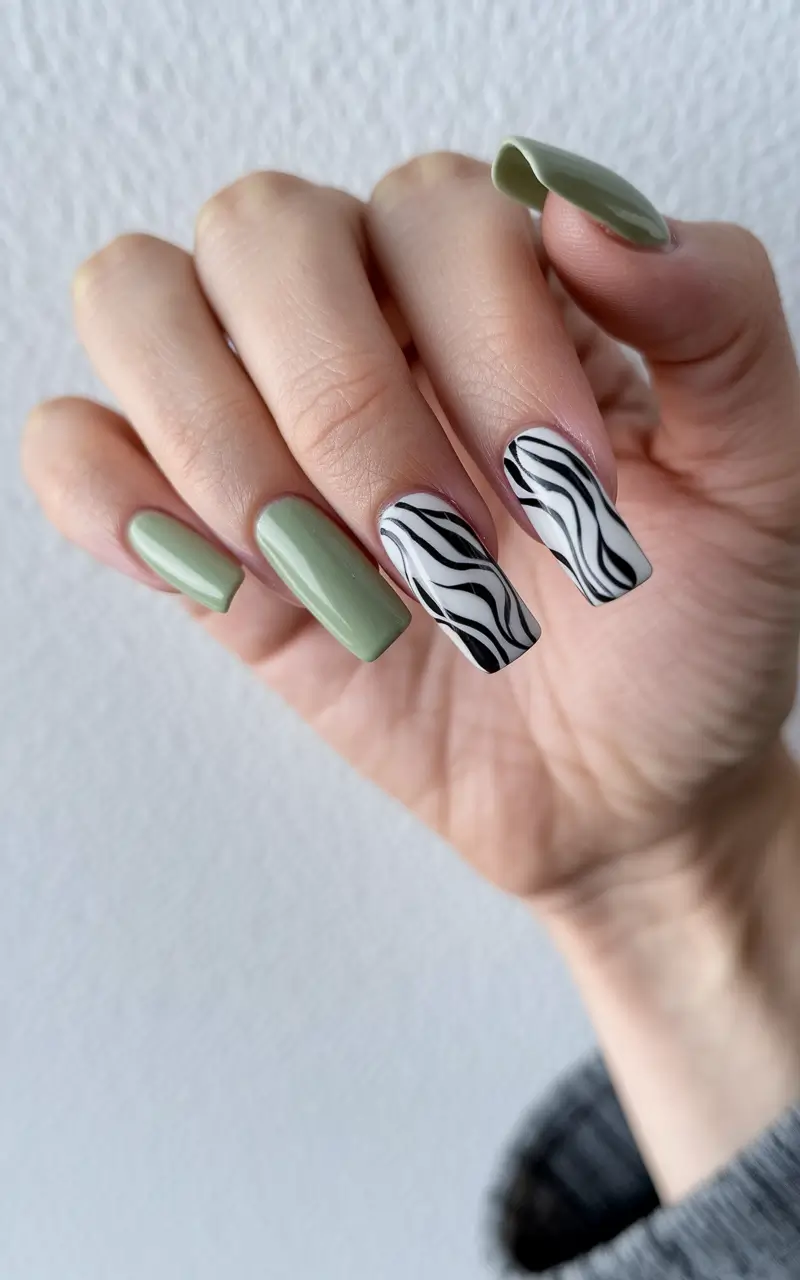 Long fall nails ideas 2025 Sage Green Square Nails with Zebra Accents