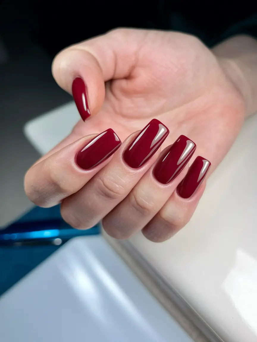 Long fall nails ideas 2025 Glossy Burgundy Square Nails