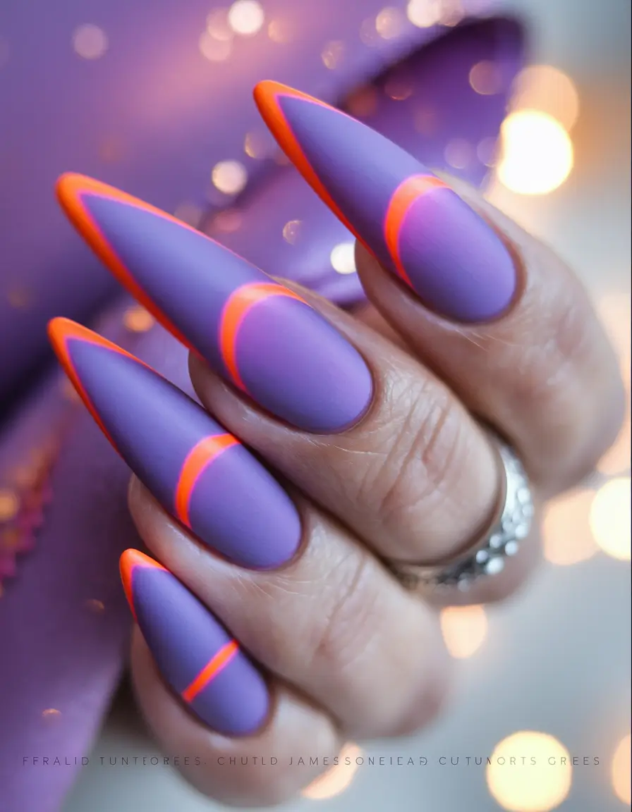 Long fall nails ideas 2025 Matte Purple and Neon Orange Accented Stiletto Nails