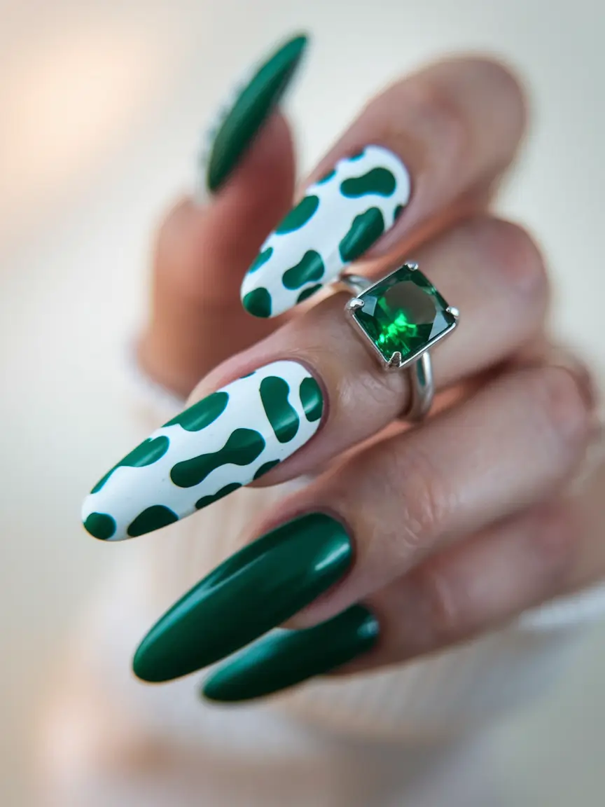 long fall nails ideas 2025 Emerald Cow-Print Statement Art