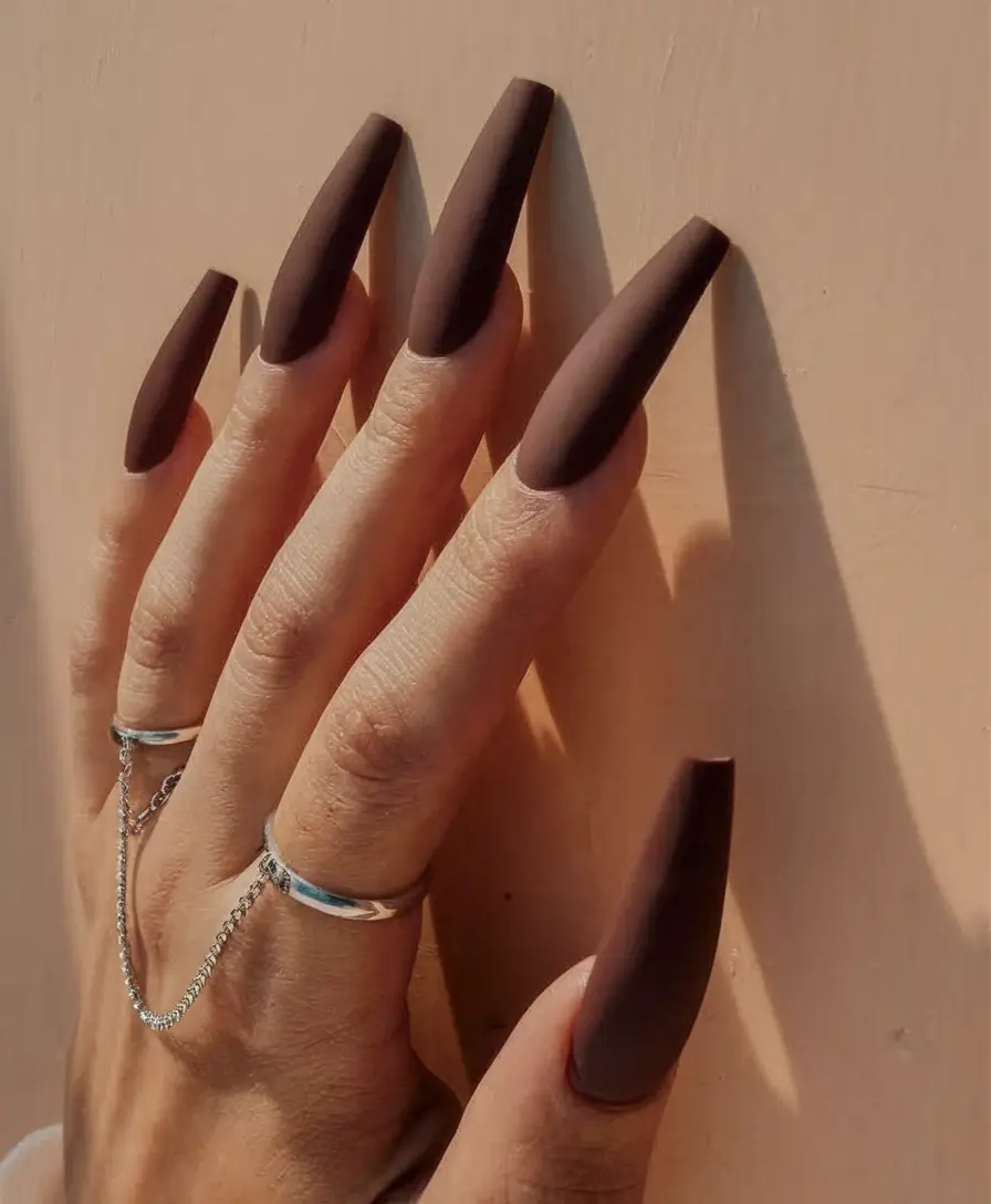 long fall nails ideas 2025 Velvet Matte Cocoa Coffin
