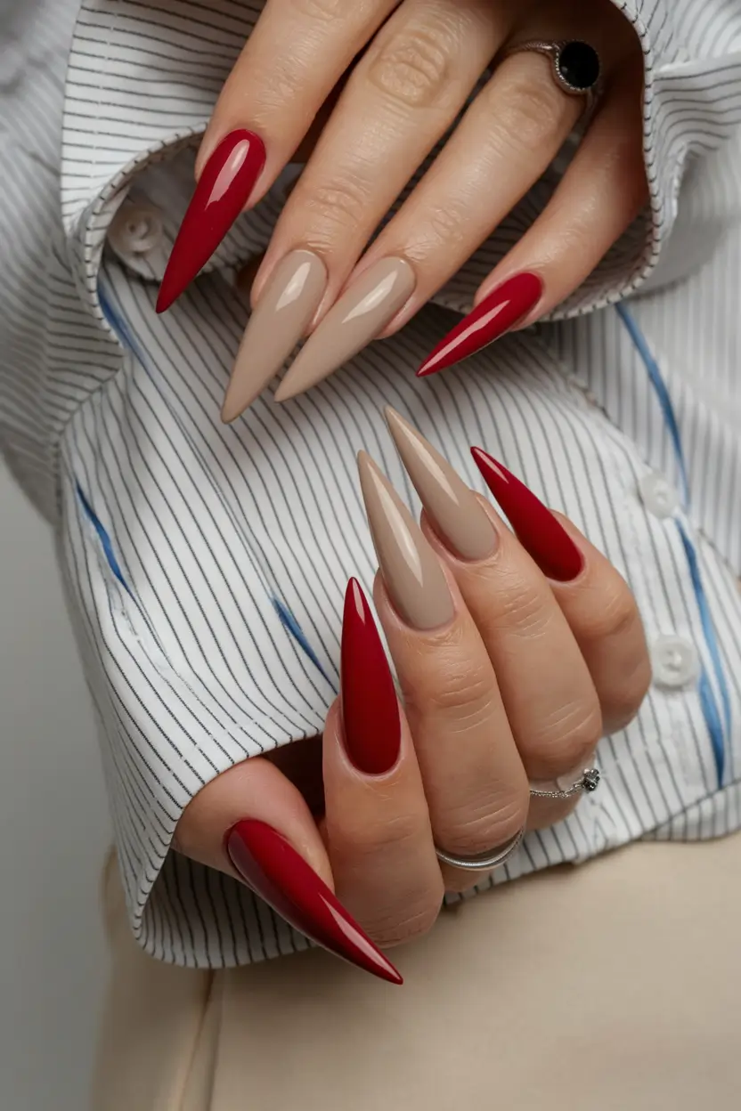 Long fall nails ideas 2025 Red and Nude Stiletto Color Block