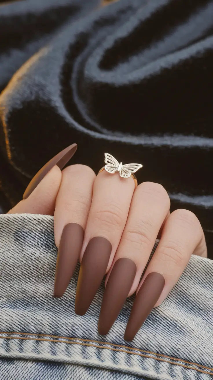 long fall nails ideas 2025 Chocolate Almonds with Delicate Charm