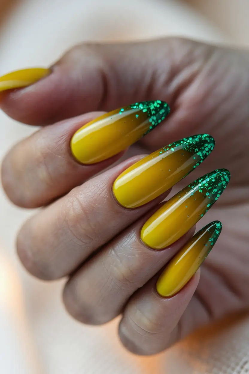 long fall nails ideas 2025 Golden Glitter Fade with Emerald Tips
