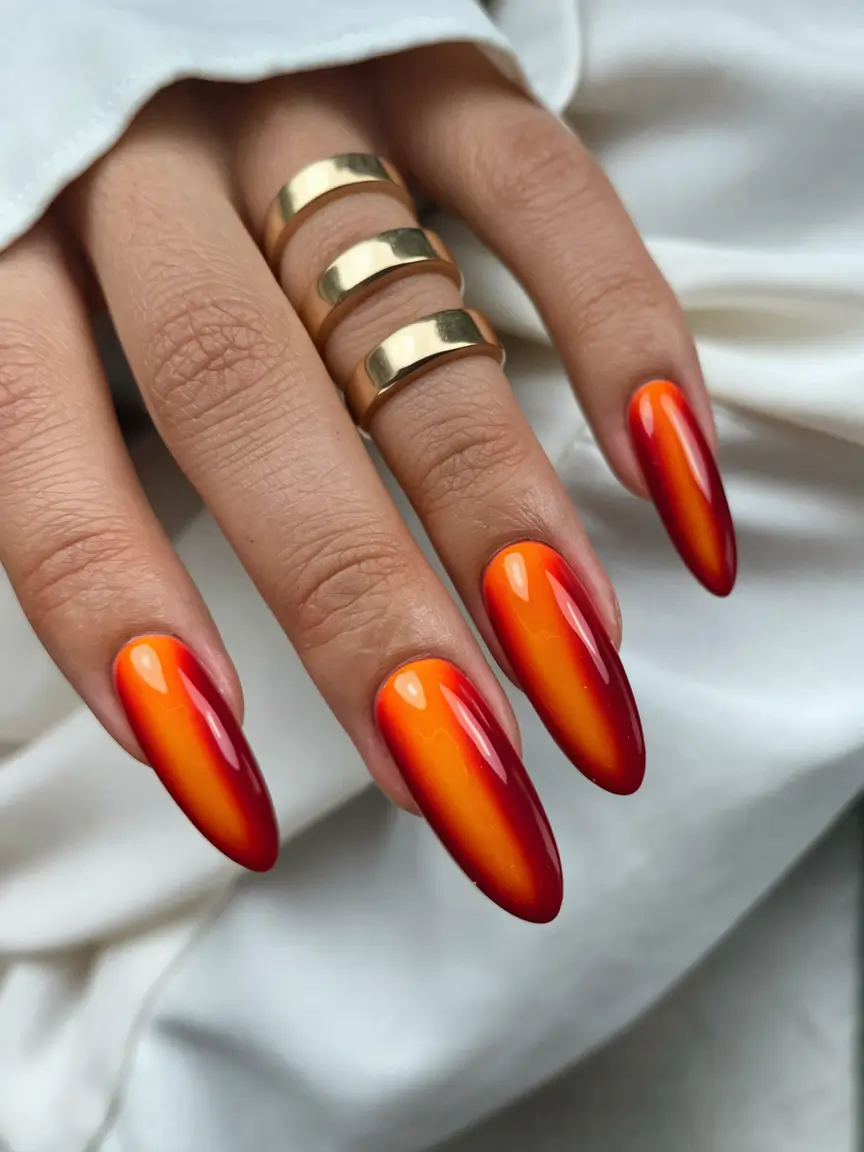long fall nails ideas 2025 Fiery Red-to-Orange Ombre Glow