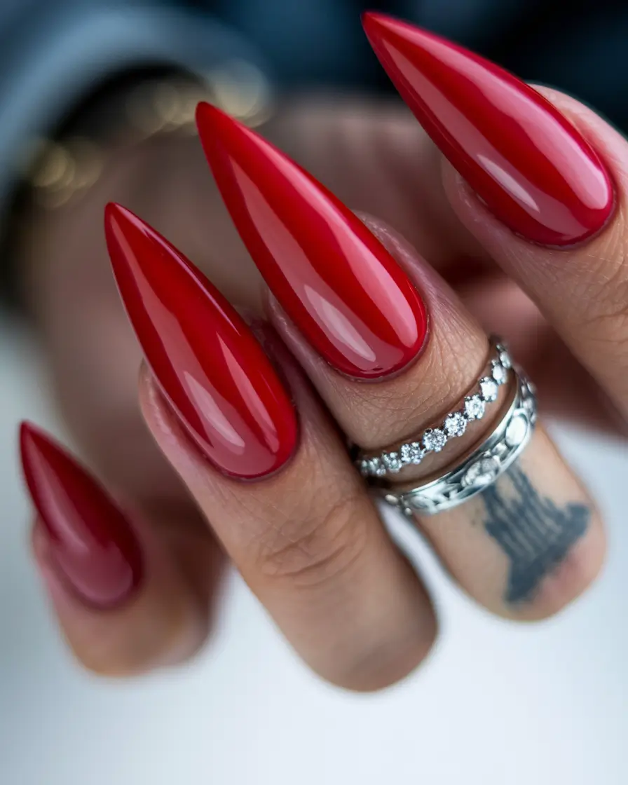 Long fall nails ideas 2025 Classic Glossy Red Stilettos