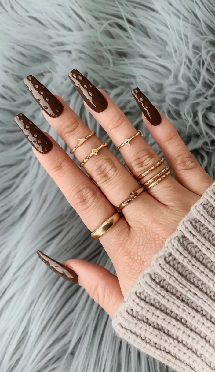 Long fall nails ideas 2025 Glossy Chocolate Brown with Minimal Dot Accents