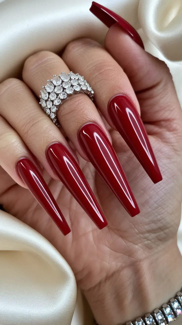 Long fall nails ideas 2025 Deep Red Coffin Nails with High Gloss Finish
