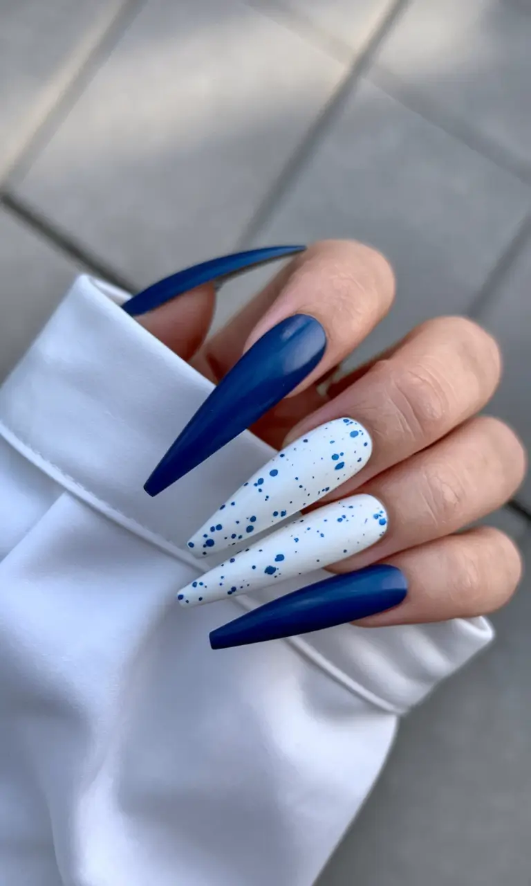 Long fall nails ideas 2025 Matte Navy and Speckled White Coffin Nails