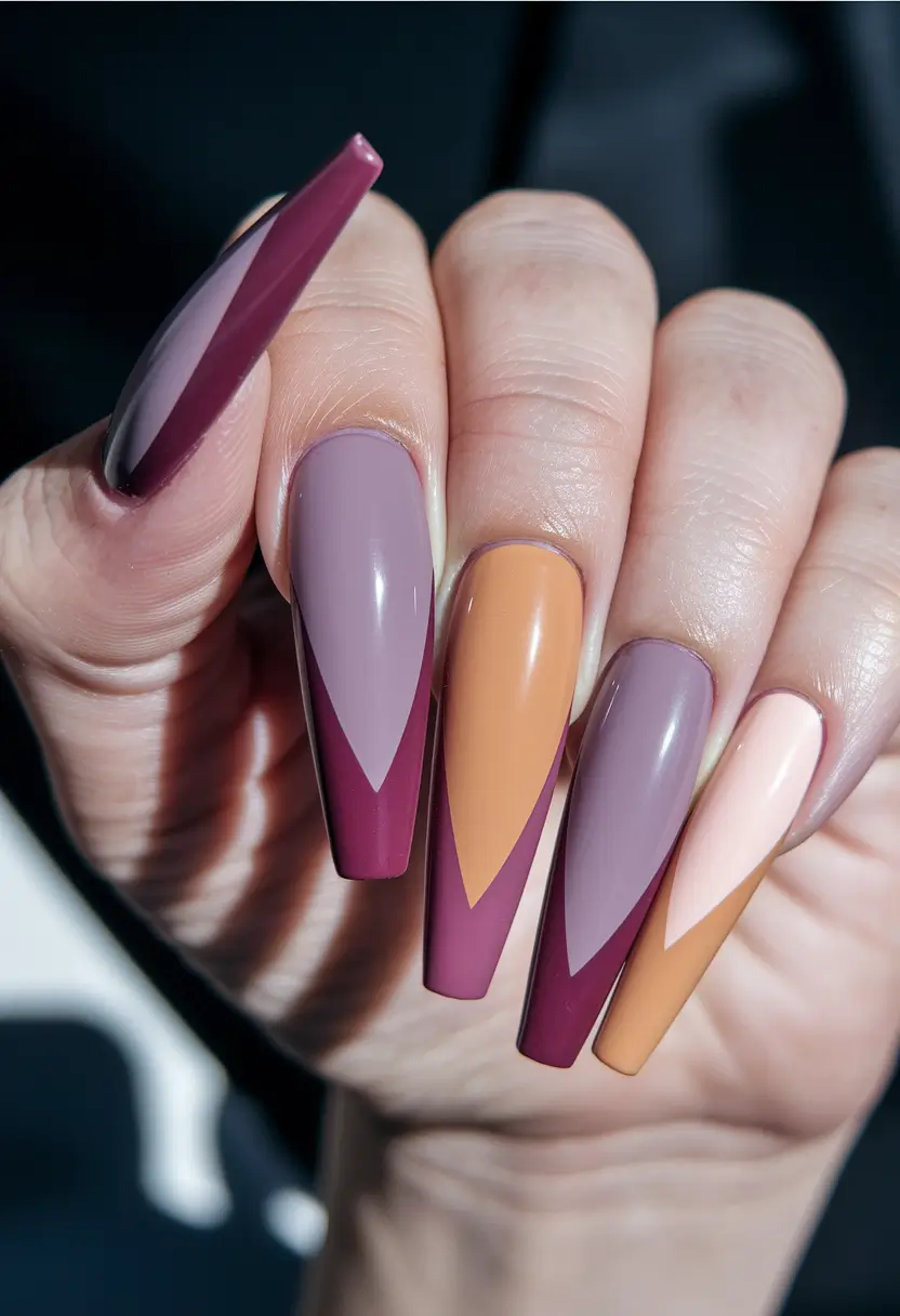 Long fall nails ideas 2025 Geometric Fall Color Coffin Nails