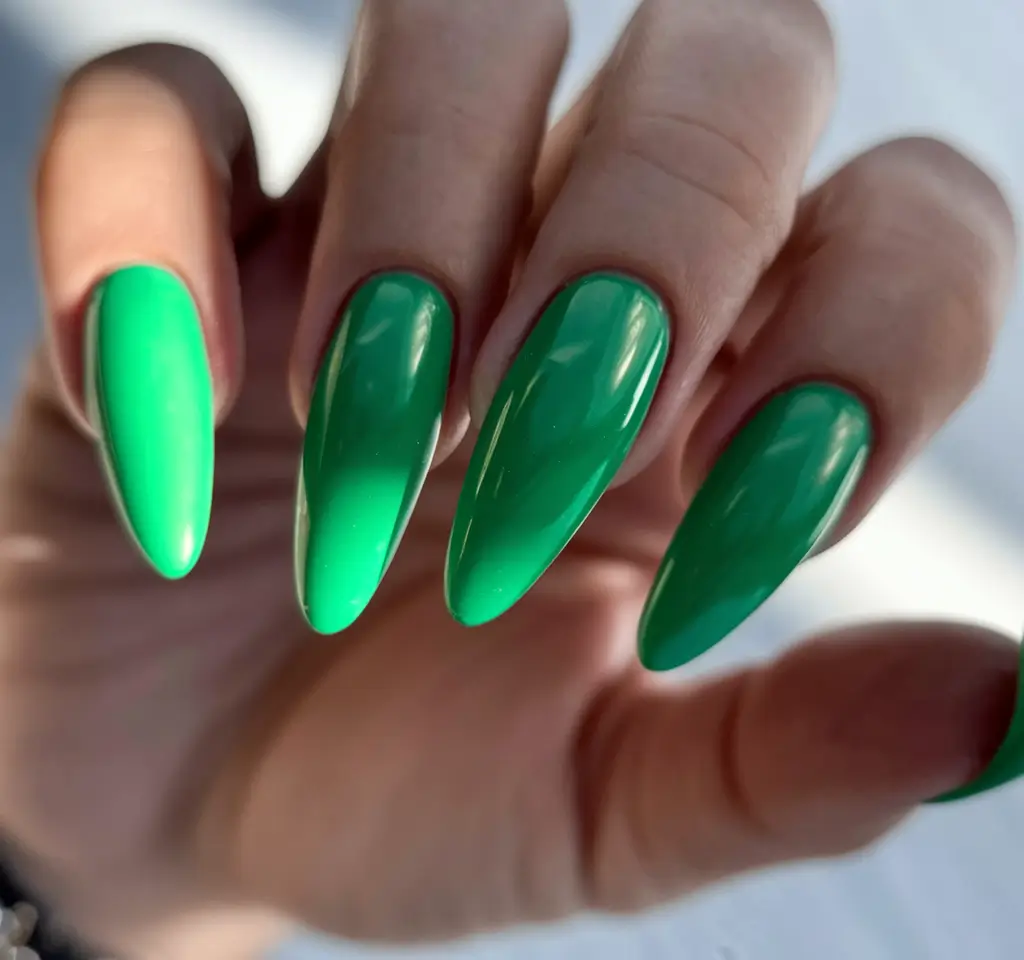 Long fall nails ideas 2025 Glossy Emerald Green Almond Nails
