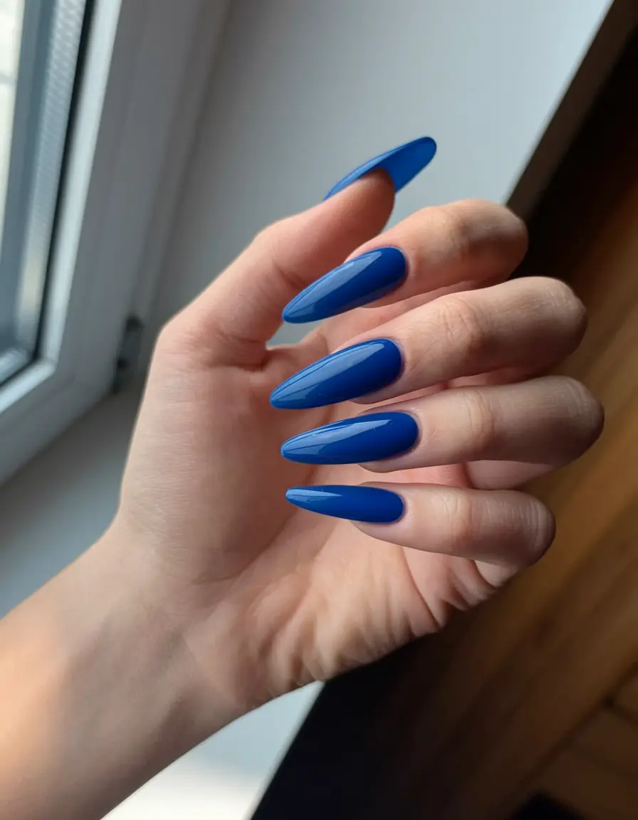Long fall nails ideas 2025 Classic Royal Blue Almond Nails