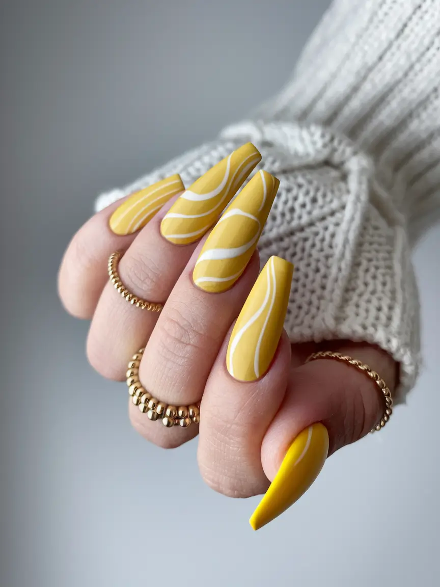 medium fall nails ideas 2025 Golden Mustard Swirl Coffin