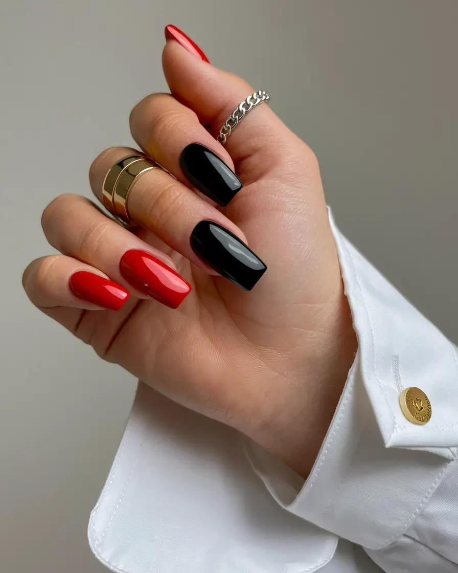 medium fall nails ideas 2025 Bold Red and Black Square Contrast